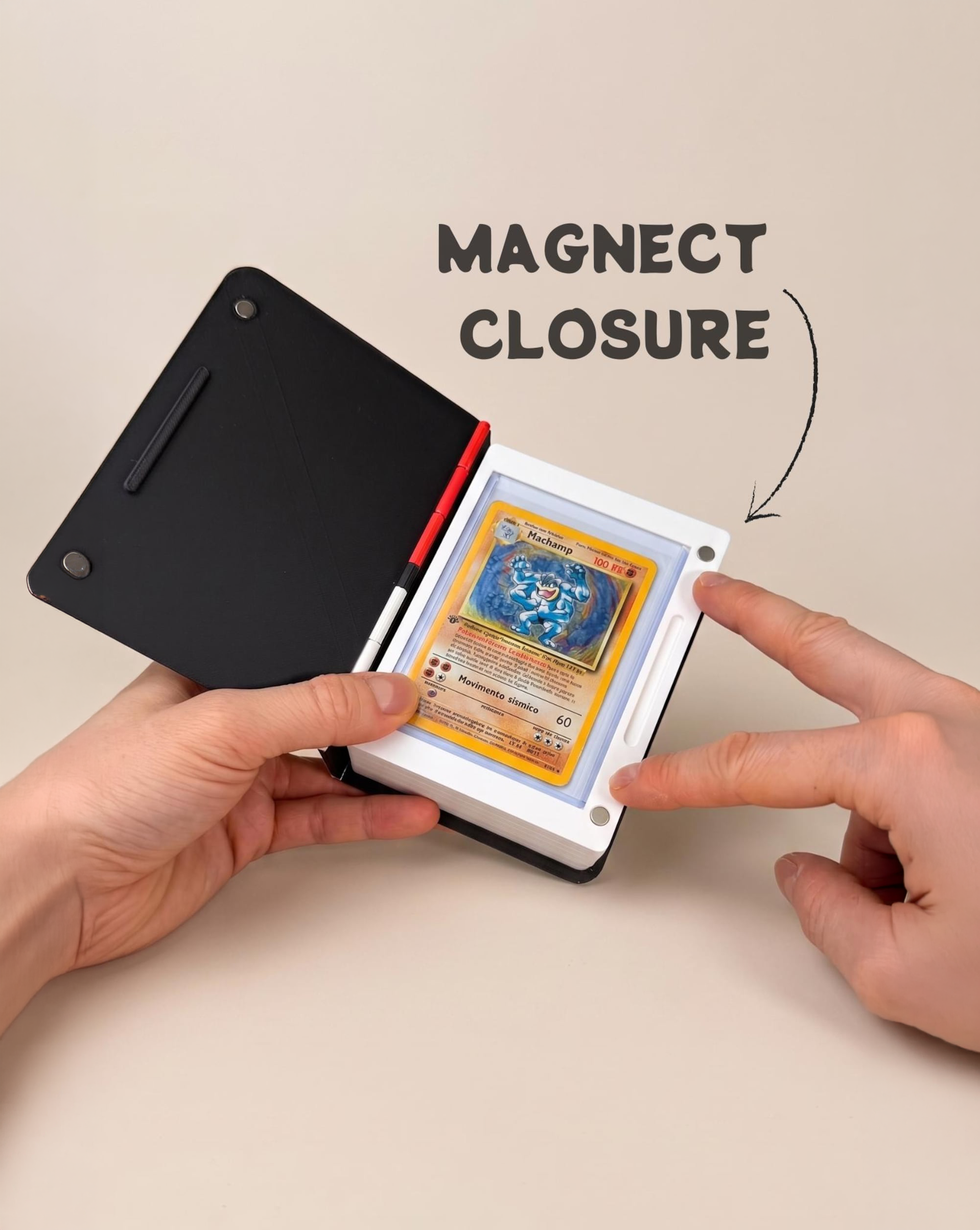 Magnetic closure securing a Pokémon card binder
